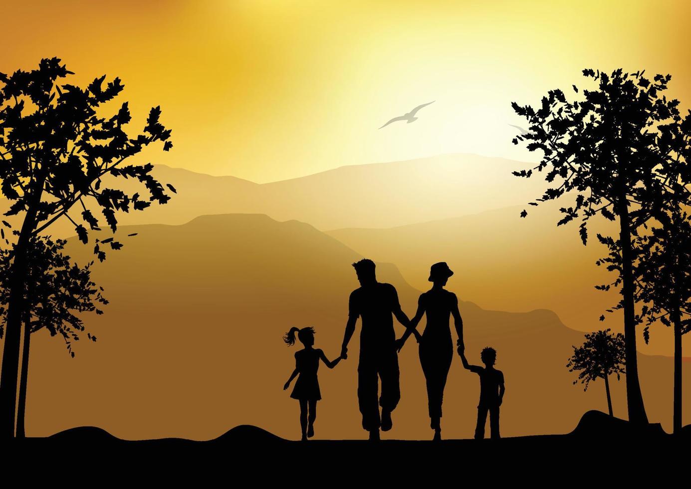 Silhouette of a family walking in the countryside vector