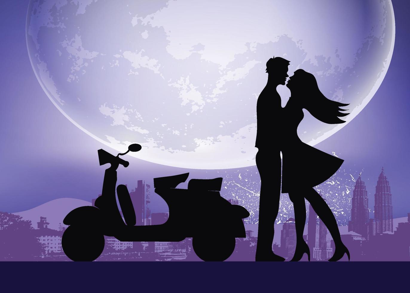 Lovers Silhouette Kissing at Moonlight vector