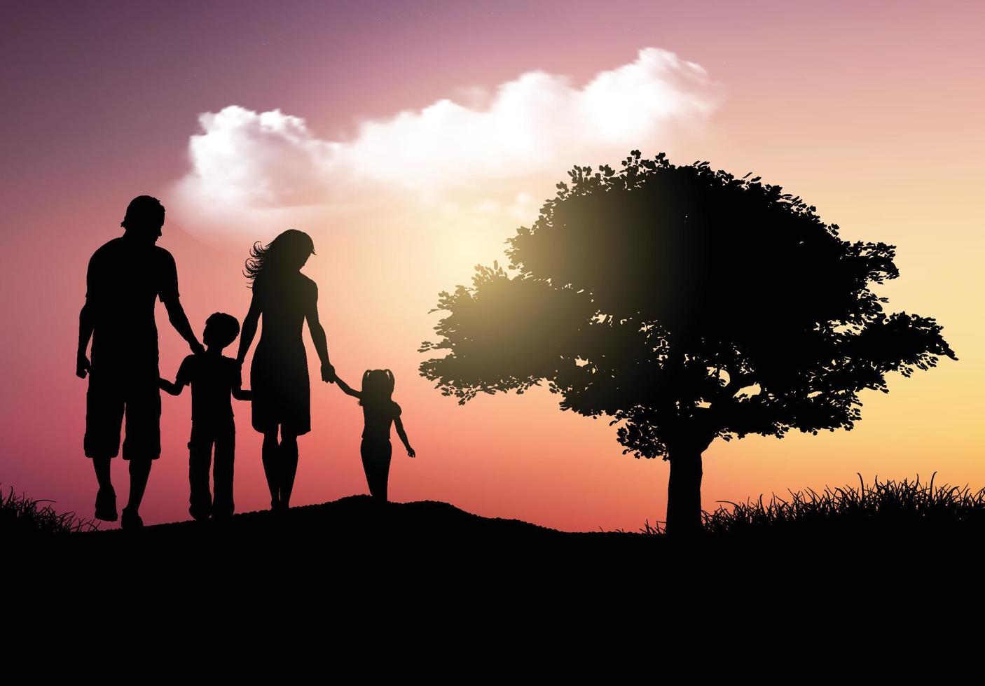 silueta familia caminando contra el cielo del atardecer vector