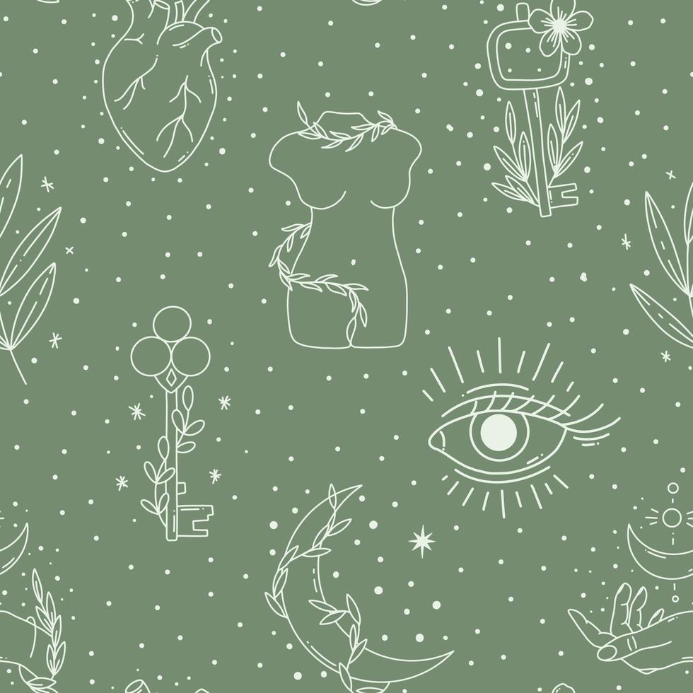 Contemporary Magical seamless pattern. Mystic vector mushrooms, moon, leaf,  key, crystal ball, scull. Pastel boho background in minimalist mid century  style vector Illustration wall 6945290 Vector Art at Vecteezy