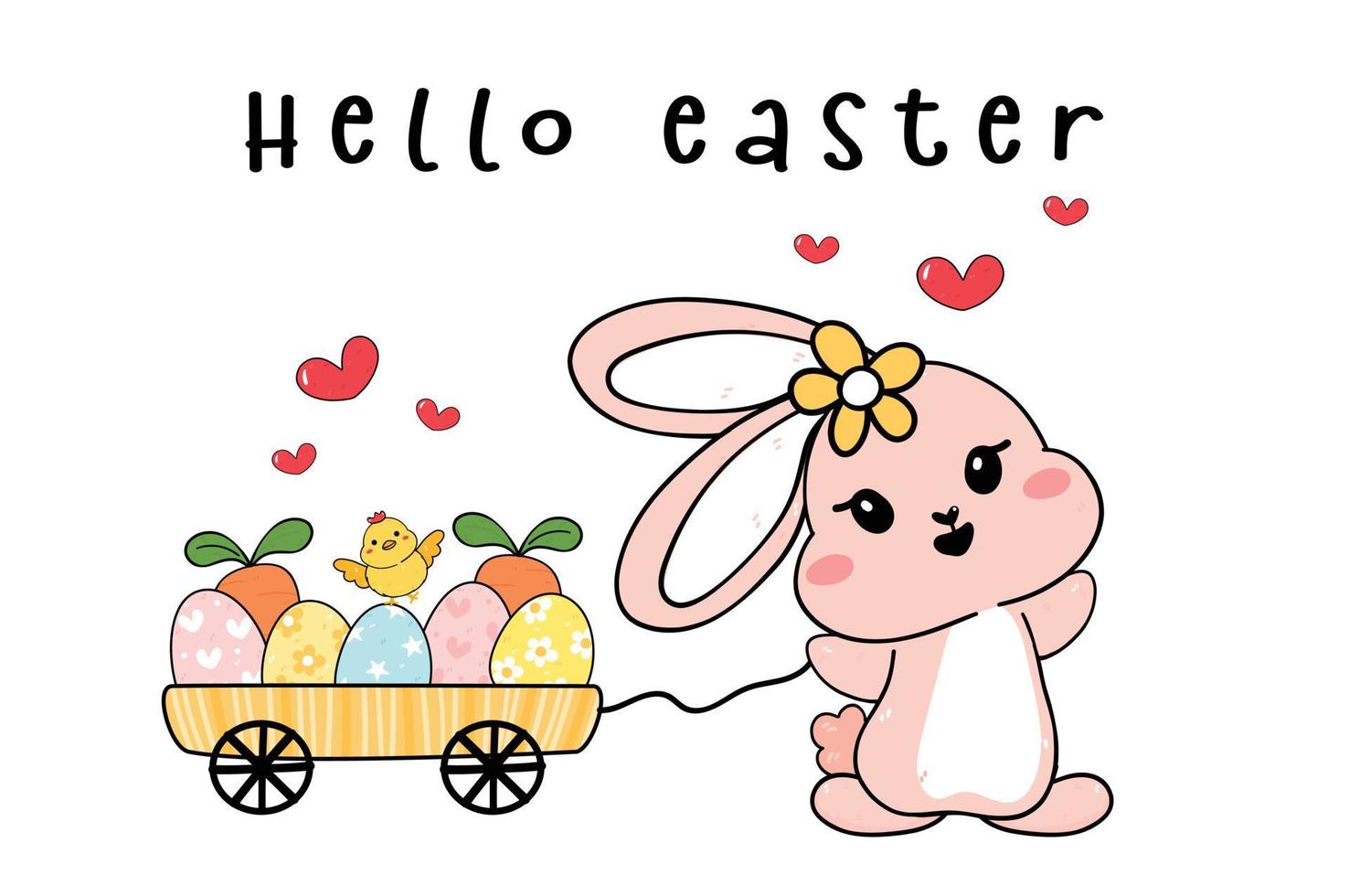 Cute happy pink bunny baby rabbit pulling Easter Eggs and carrots wooden cart troley, cartoon drawing outine vector