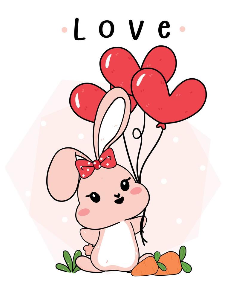 cute baby bunny rabbit pink with heart shape balloons , cartoon drawing ...