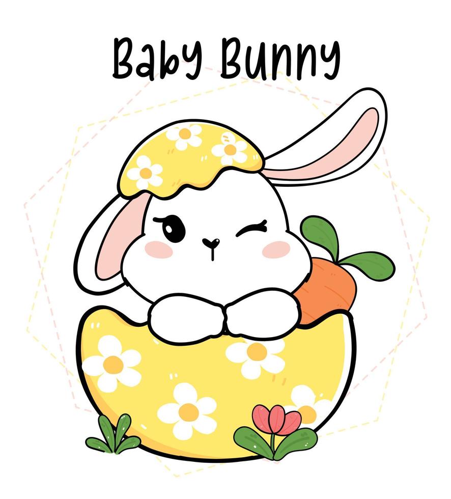 lindo bebé conejito conejo blanco en cáscara de huevo de pascua, esquema de dibujo de dibujos animados, felices pascuas vector