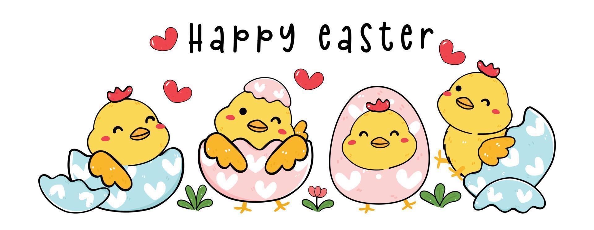 grupo de lindo bebé feliz pollito pollo en cáscara de huevo de pascua dibujo de dibujos animados banner de contorno vector