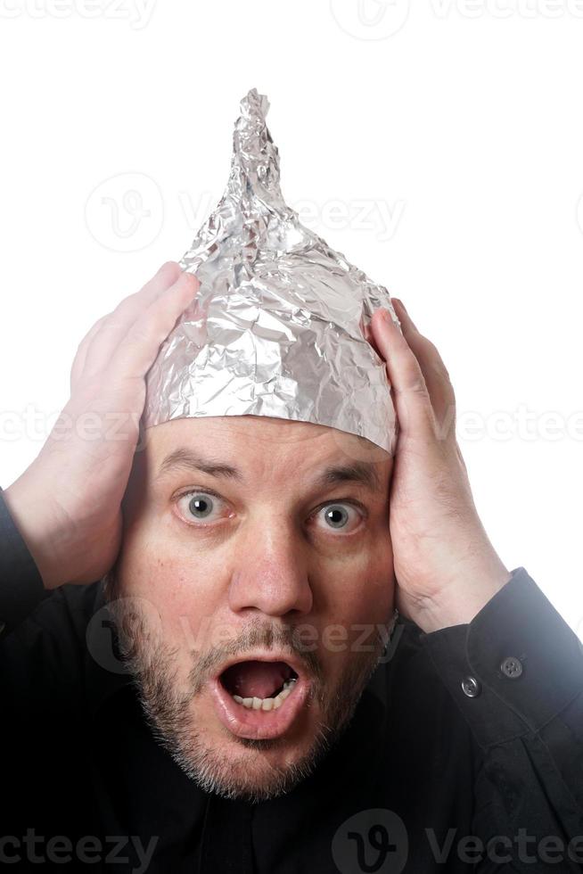 crazy man wearing tin foil hat photo