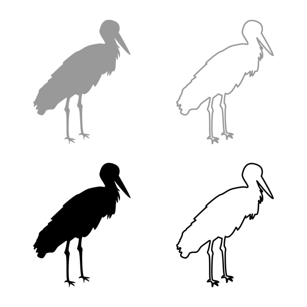 cigüeña pájaro de pie grúa garza silueta gris negro color vector ilustración contorno sólido estilo imagen