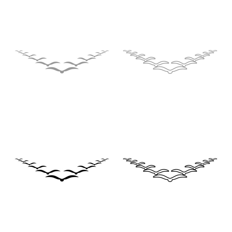 bandada de pájaros volando en el cielo en cuña llave liderazgo concepto migración silueta set iconos gris negro color vector ilustración imagen apartamento estilo sólido relleno bosquejo contorno línea delgado