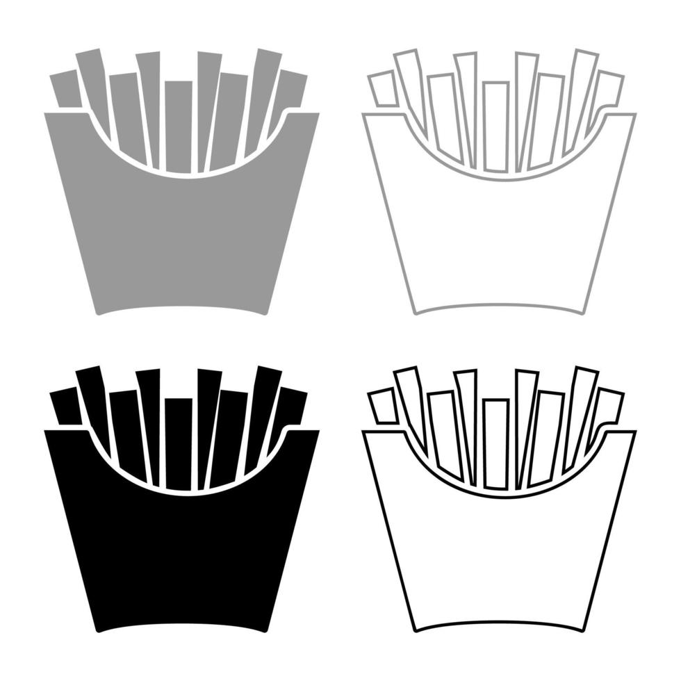 French fries in package Fried potatoes in paper bag Fast food in bucket box Snack concept icon outline set black grey color vector illustration flat style image
