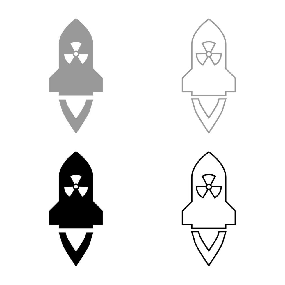 Atomic rocket flying Nuclear missile weapons Radioactive bomb Military concept icon outline set black grey color vector illustration flat style image