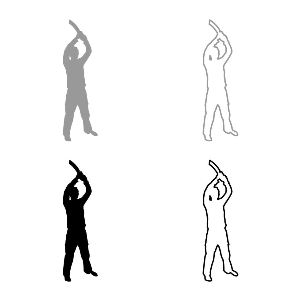 Man with sword machete from above Cold weapons in hand military man Soldier Serviceman in positions Hunter with knife Fight poses Strong defender Warrior concept Weaponry Stand silhouette grey black vector