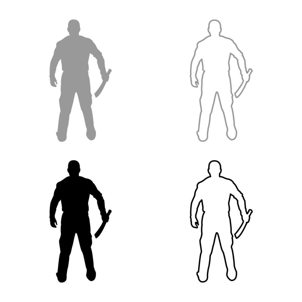 Man with sword machete Cold weapons in hand military man Soldier Serviceman in positions Hunter with knife Fight poses Strong defender Warrior concept Weaponry Stand View from rear Terrible and scary vector