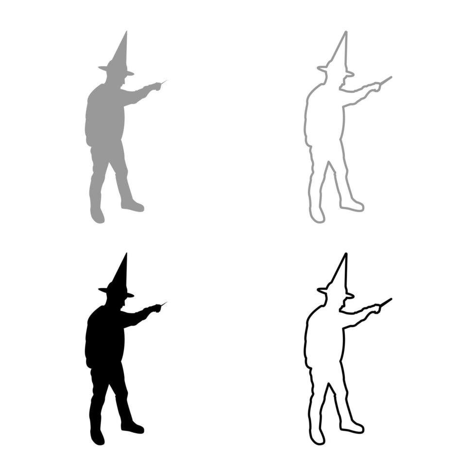 Wizard holds magic wand trick Waving Sorcery concept Magician Sorcerer Fantasy person Warlock man in robe with magical stick Witchcraft in hat mantle Mage conjure Mystery idea Enchantment silhouette vector