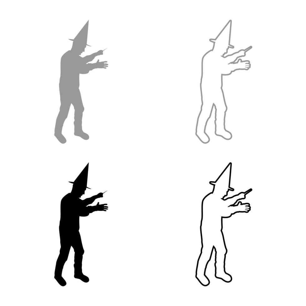 Wizard holds magic wand trick Waving Sorcery concept Magician Sorcerer Fantasy person Warlock man in robe with magical stick Witchcraft in hat mantle Mage conjure Mystery idea Enchantment silhouette vector