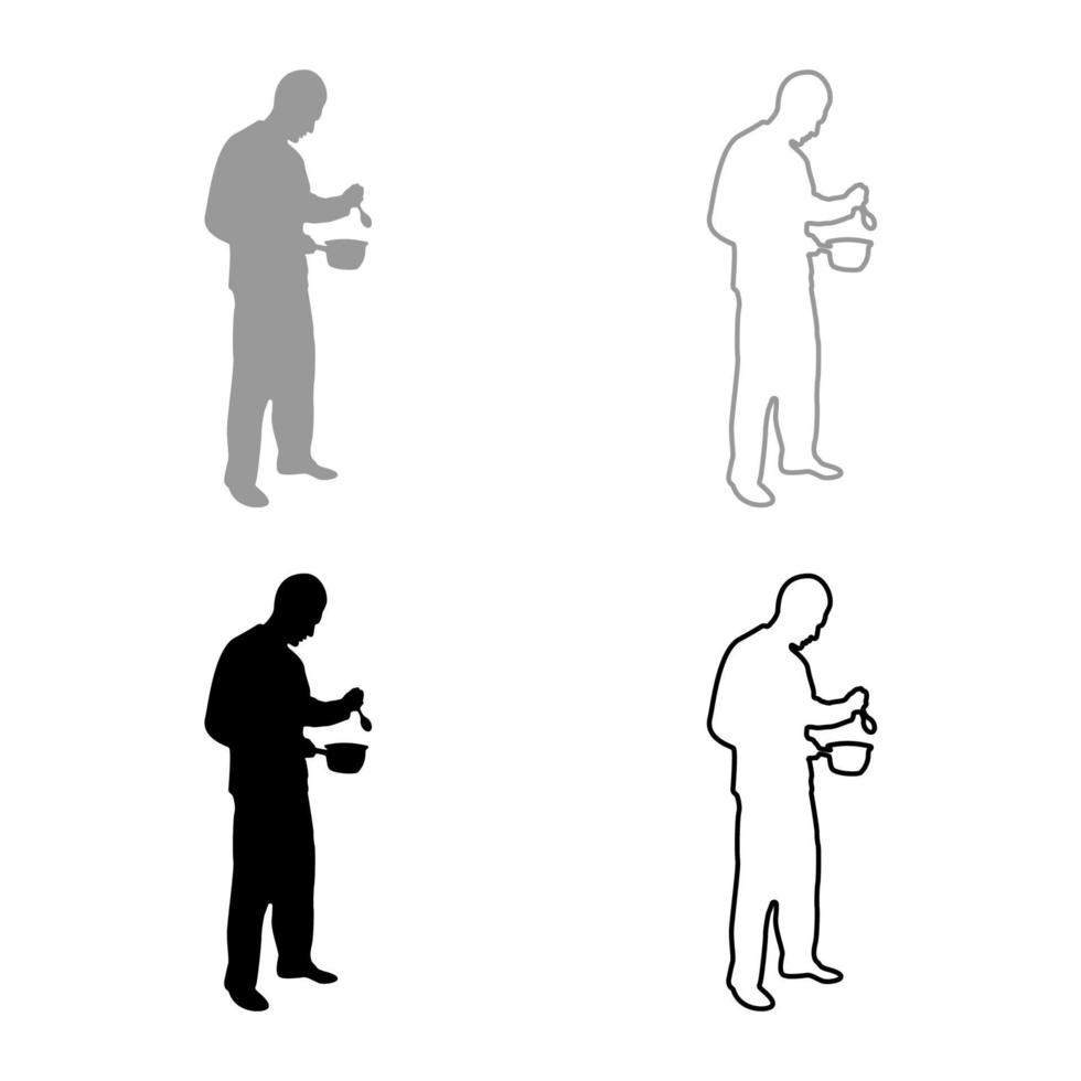 Man with saucepan spoon in his hands preparing food Male cooking use sauciers silhouette grey black color vector illustration solid outline style image