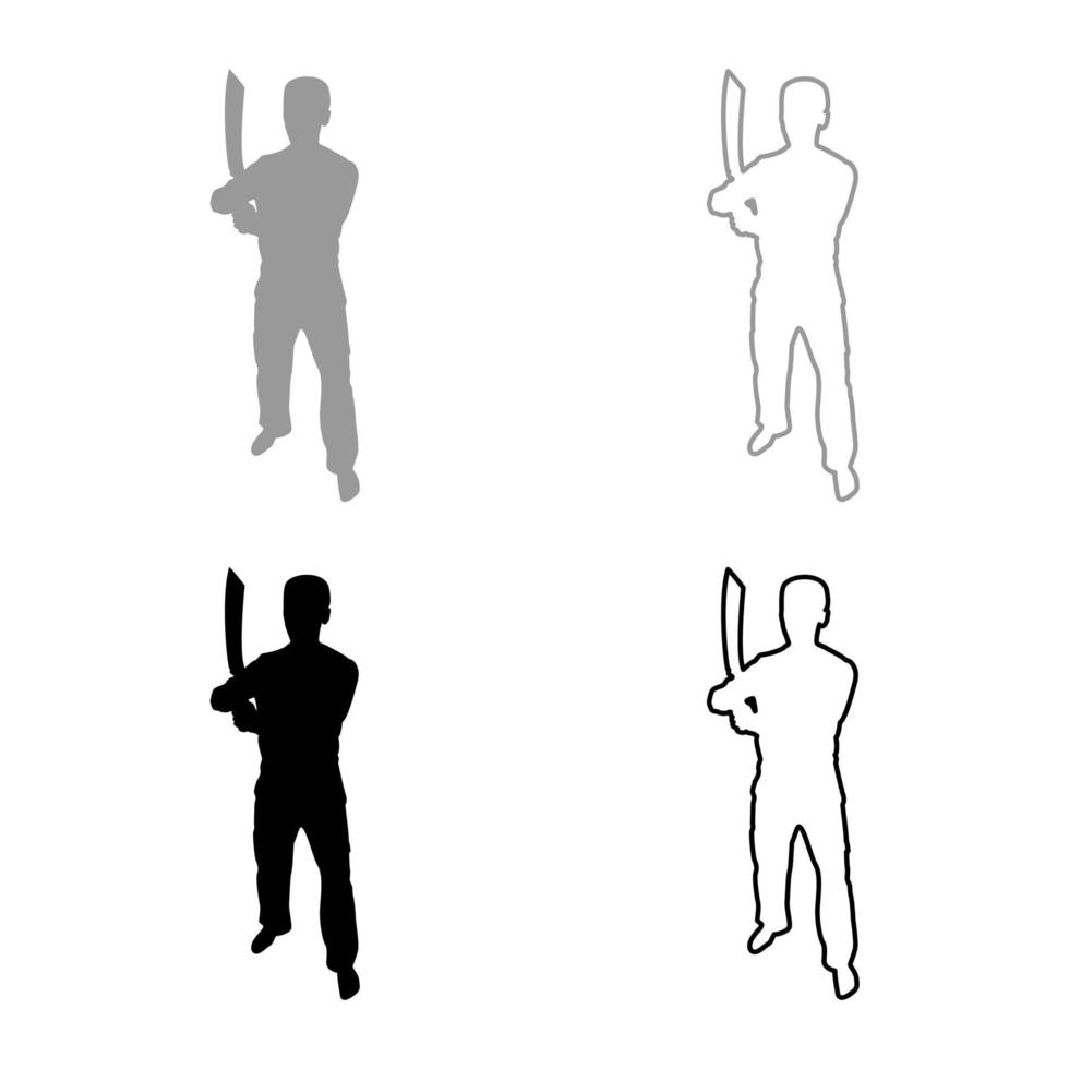 Man with sword machete Cold weapons in hand military man Soldier Serviceman in positions Hunter with knife Fight poses Strong defender Warrior concept Weaponry Stand silhouette grey black color vector