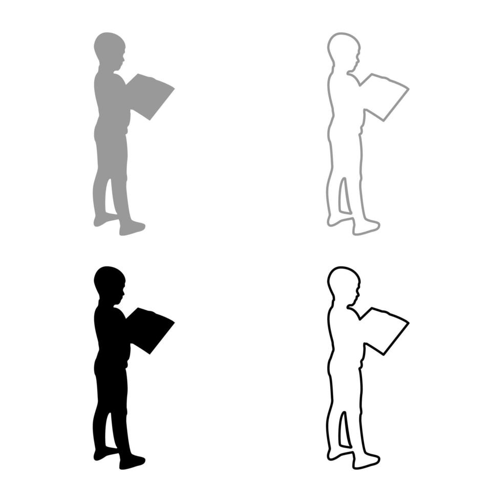 Boy reading book standing Teen male with open book in his hands Cute schoolboy read Ready to back to school concept Education online learning silhouette grey black color vector illustration solid