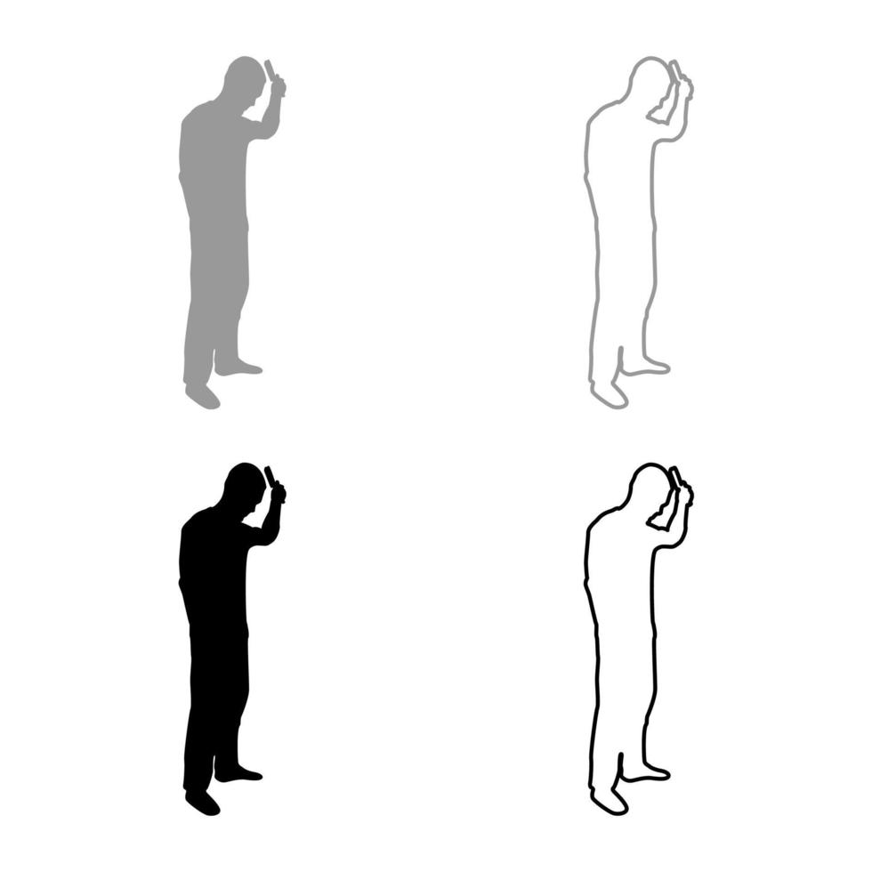 Man is combing hair use hairbrush Side view silhouette grey black color vector illustration solid outline style image