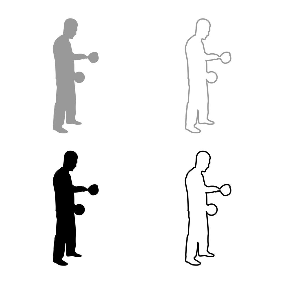 Man with saucepan in his hands preparing food Male cooking use sauciers with open lid silhouette grey black color vector illustration solid outline style image