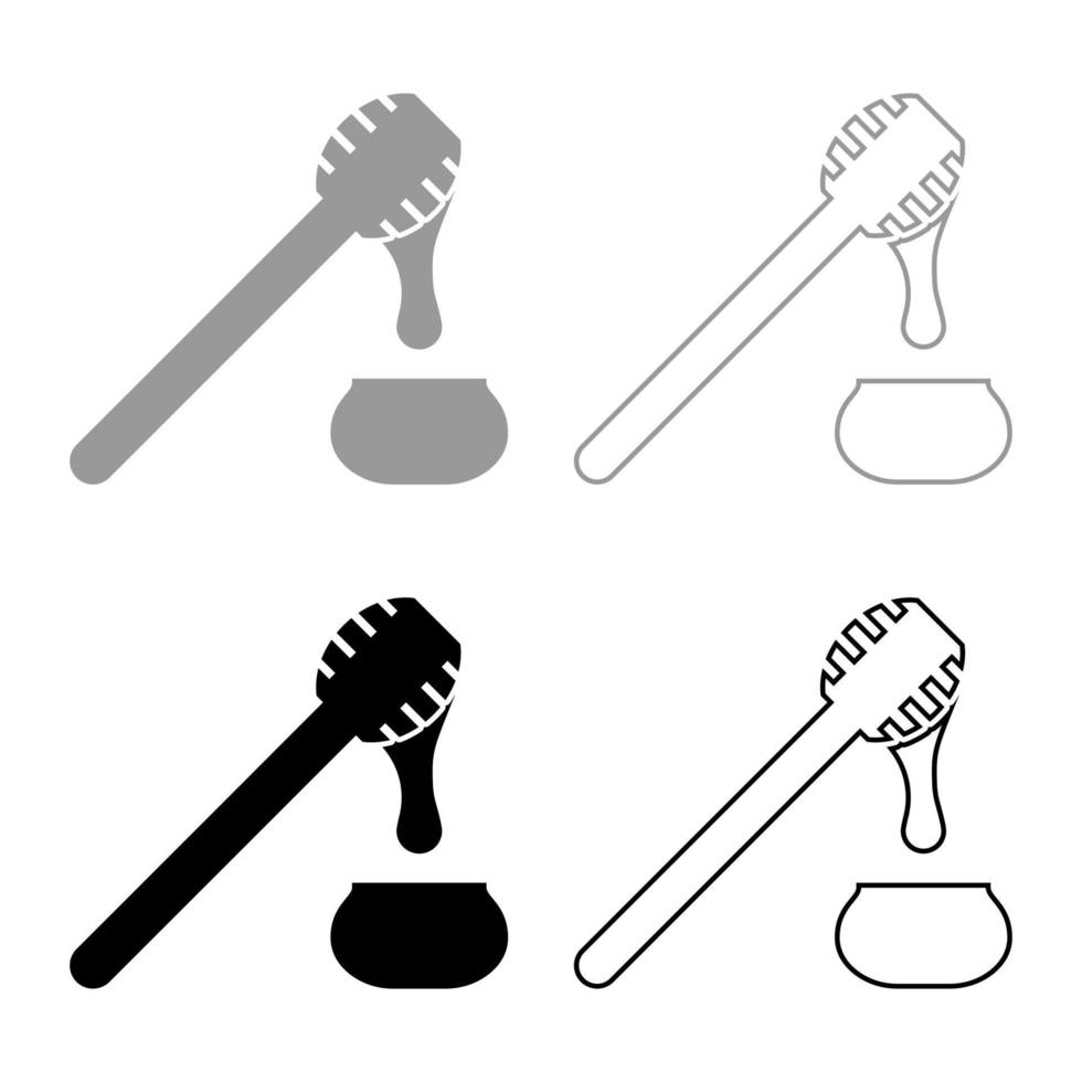 Honey drips from honey spoon into pot Stick with wooden and jar liquid nectar icon outline set black grey color vector illustration flat style image