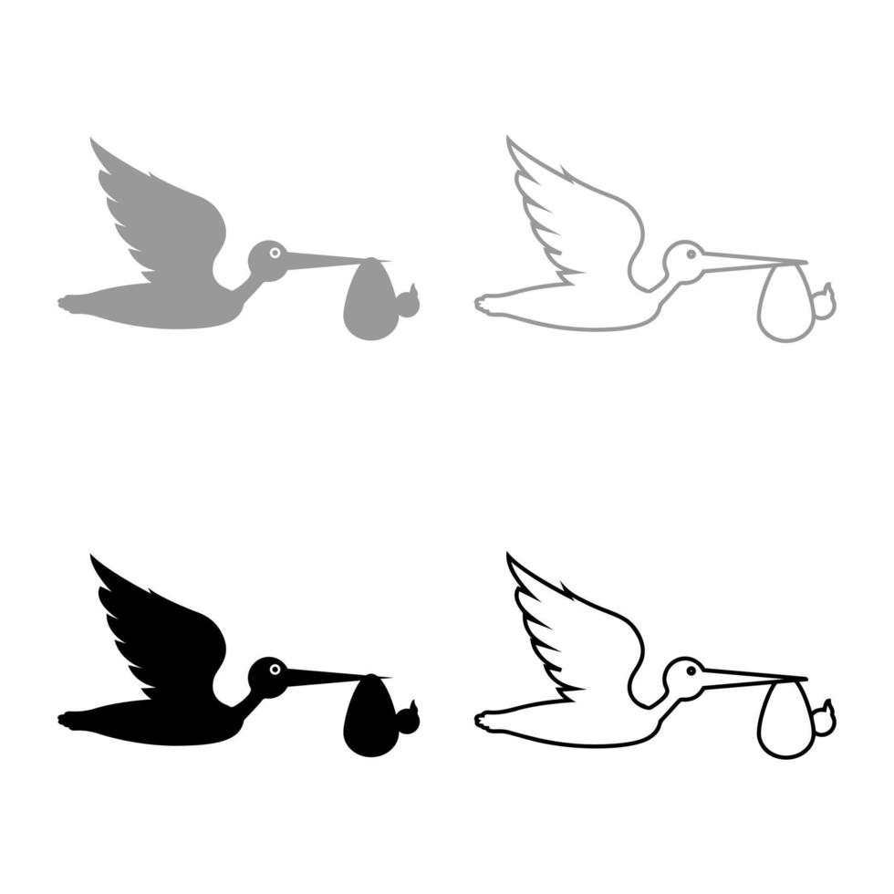 la cigüeña lleva al bebé en una bolsa pájaro volador con tipo en el conjunto de contorno de icono de paquete de pico negro gris color vector ilustración imagen de estilo plano