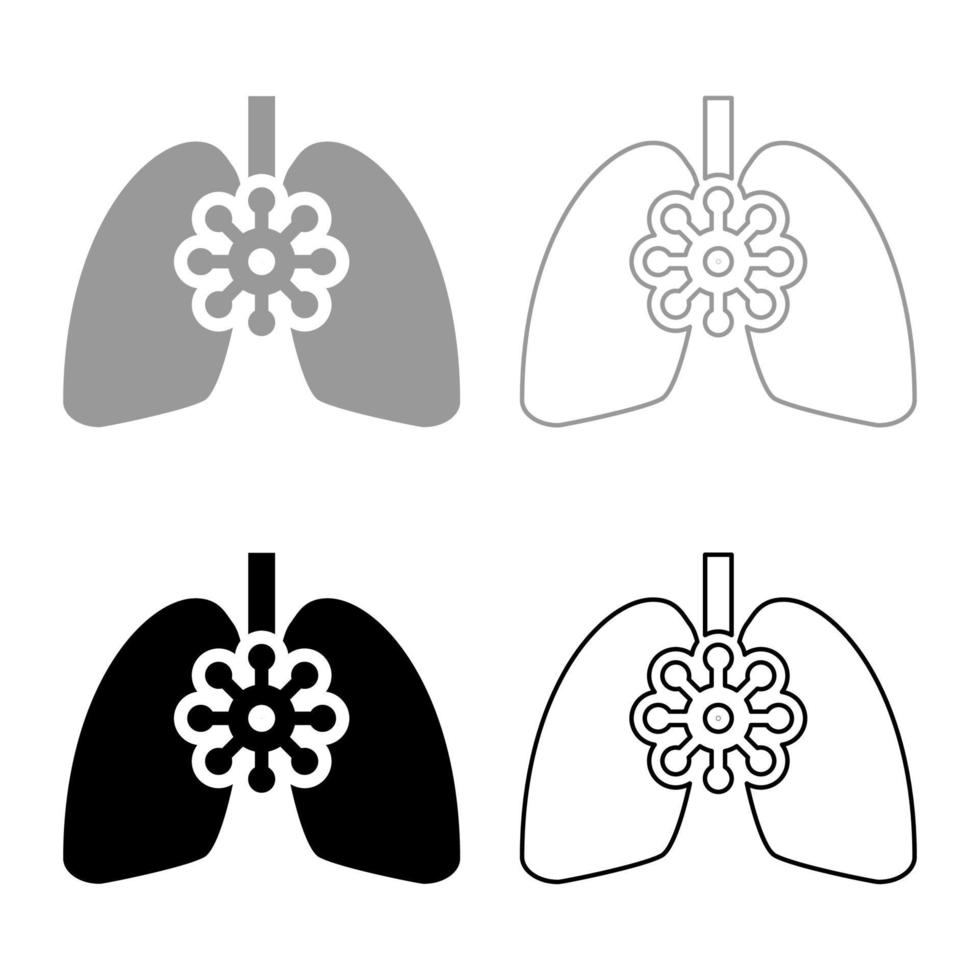 coronavirus dañado pulmones virus corona ataque comer pulmón concepto covid 19 infectado tuberculosis icono esquema conjunto negro gris color vector ilustración estilo plano imagen