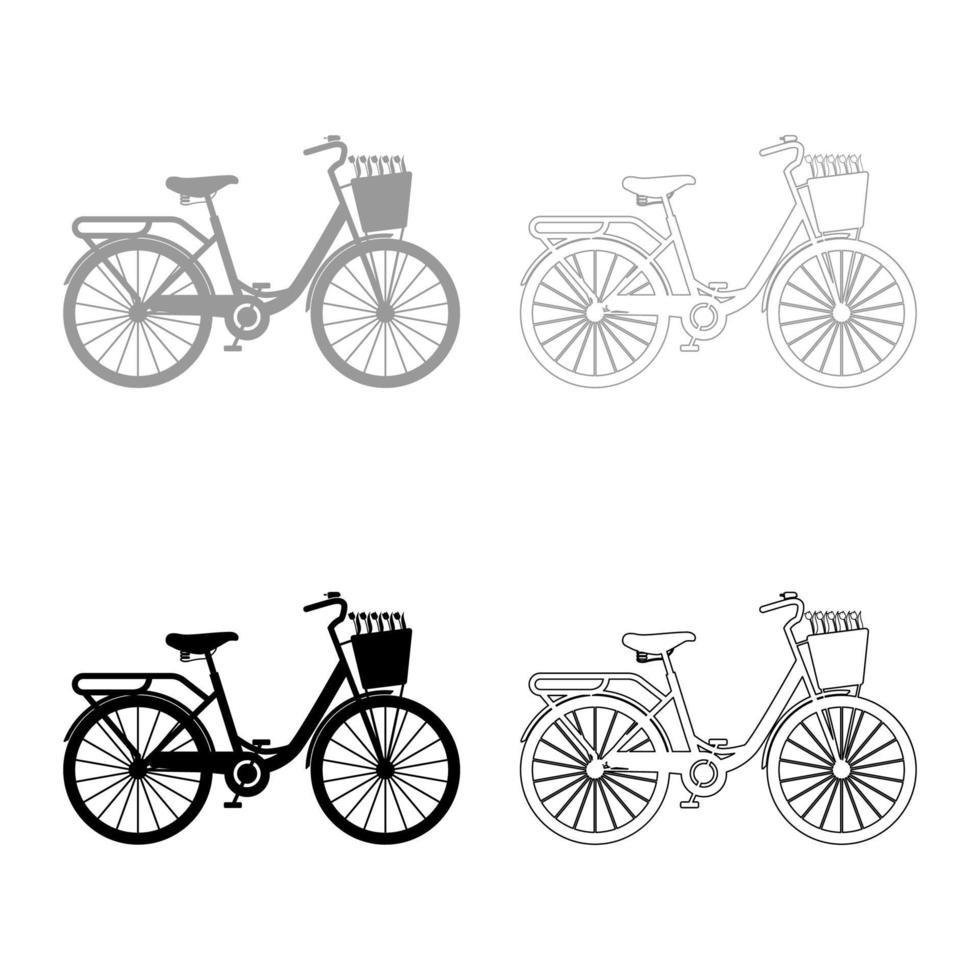 bicicleta con cesta y flores tulipanes icono contorno conjunto negro gris color vector ilustración estilo plano imagen