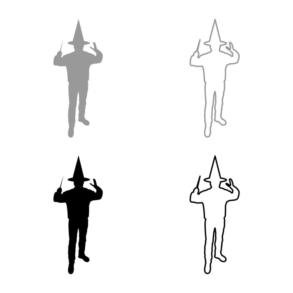 Wizard holds magic wand trick Waving Sorcery concept Magician Sorcerer Fantasy person Warlock man in robe with magical stick Witchcraft in hat mantle Mage conjure Mystery idea Enchantment silhouette vector