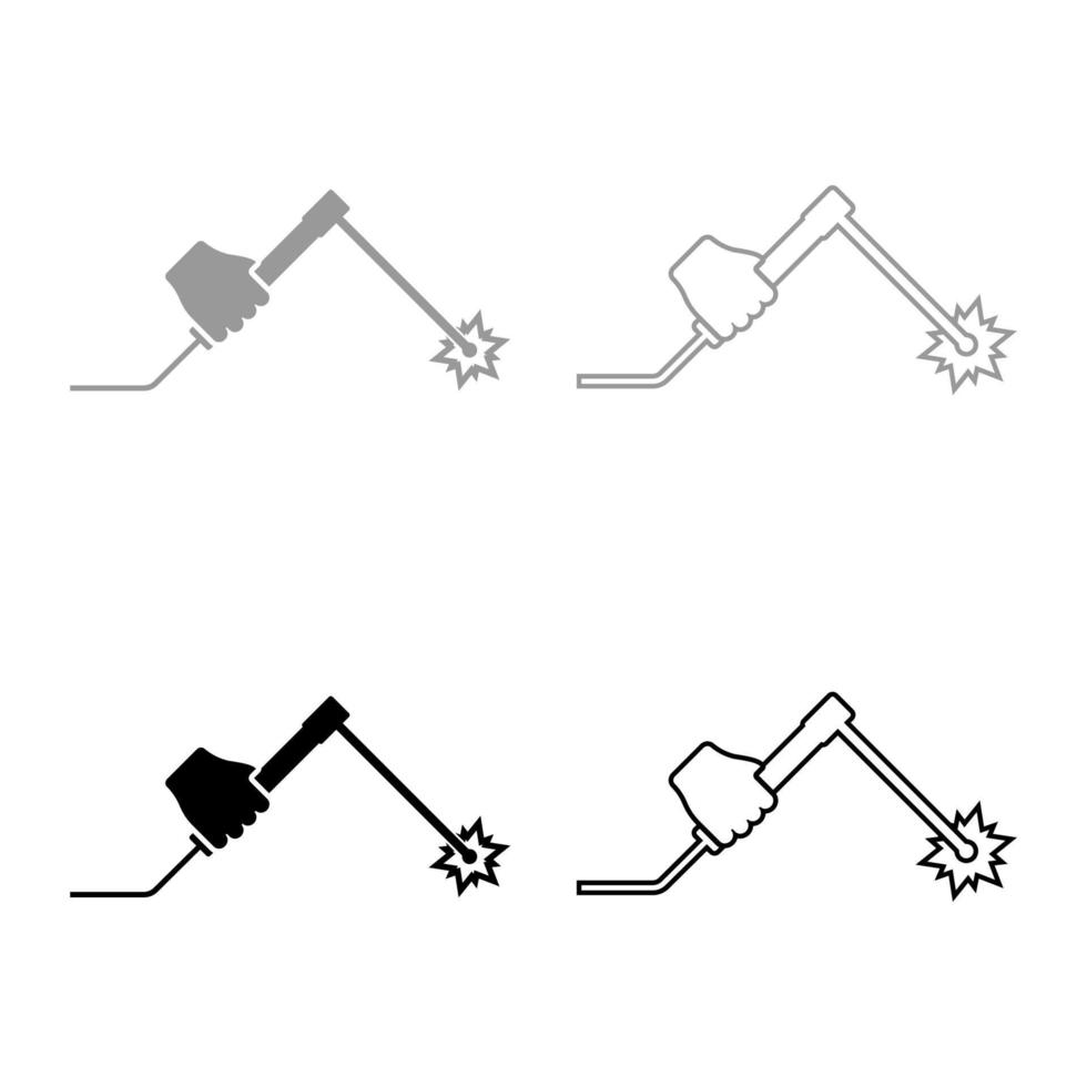 Welding machine in hand holding electric tool use Arm using equipment Spark electrode set icon grey black color vector illustration flat style image