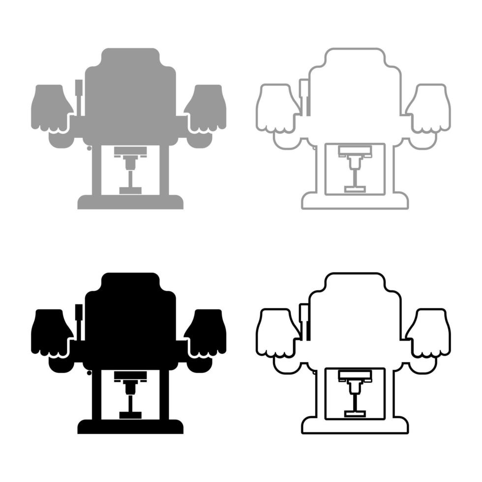 enrutador de base fija fresa de inmersión de madera eléctrica herramienta eléctrica en la mano sosteniendo el brazo de uso de la herramienta eléctrica usando el icono del conjunto de instrumentos ilustración vectorial de color negro gris imagen de estilo plano vector