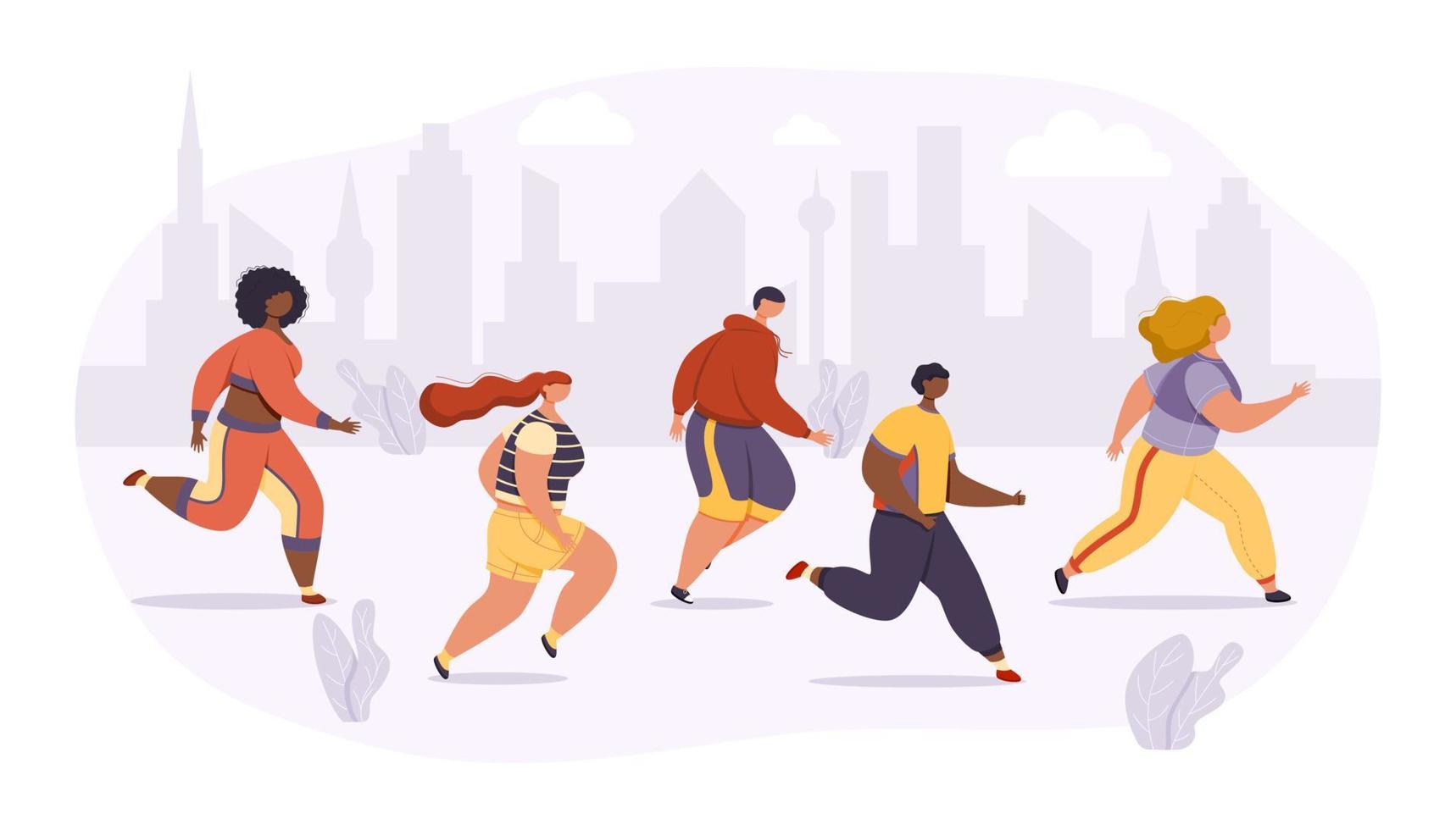 Men and women in a variety of sportswear run a marathon against the backdrop of the city. vector