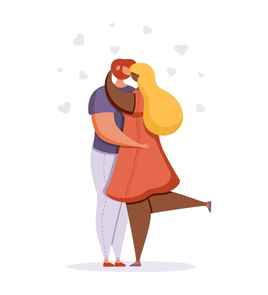 Man and woman hugging and kissing. Colorful flat vector illustration.