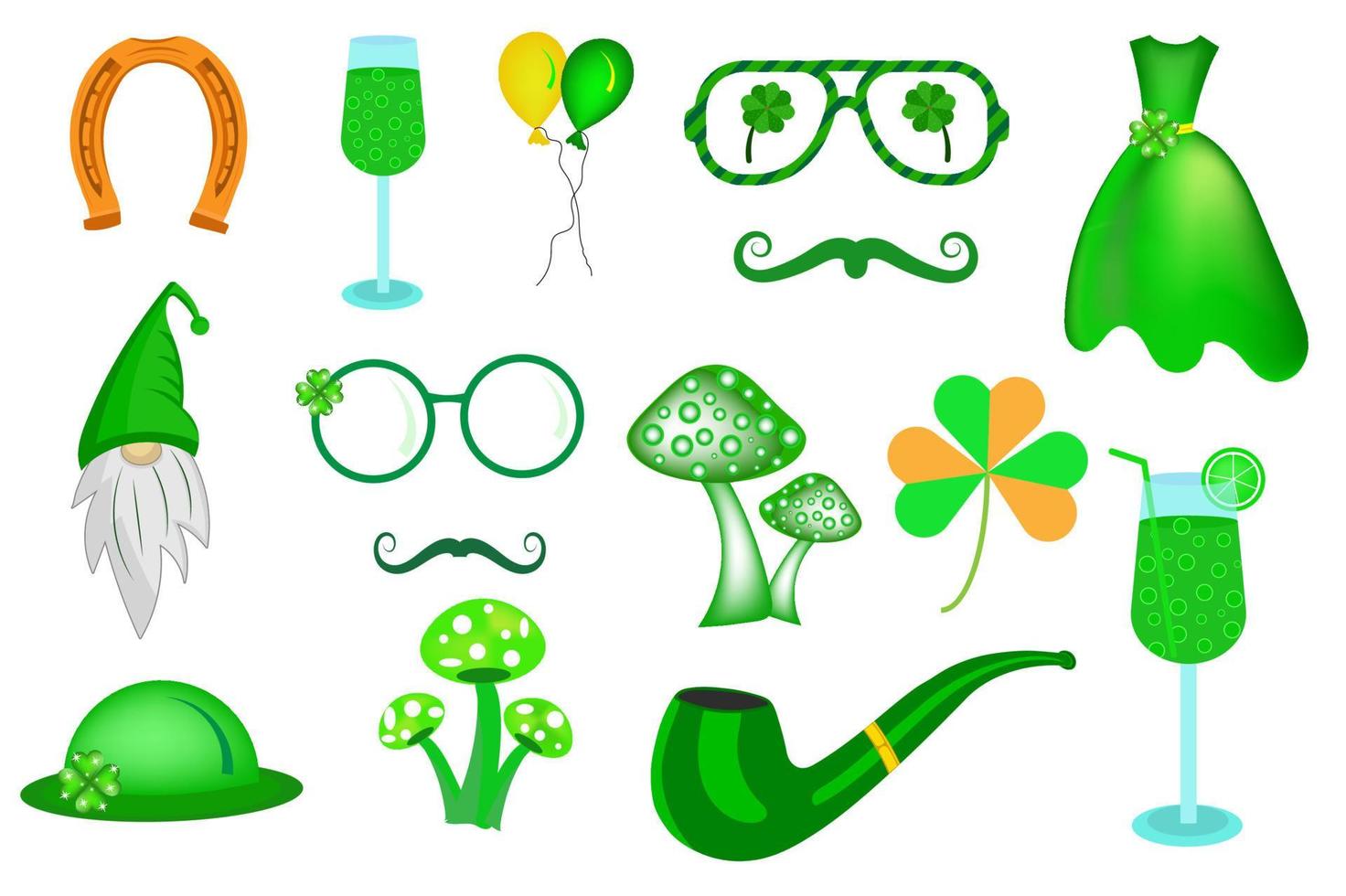 St Patrick's Day element vector set. Saint Patrick's smoking pipe, horseshoe, eyeglass, clover, Green hat, mashroom, Beer glass, GNome, and balloon vector