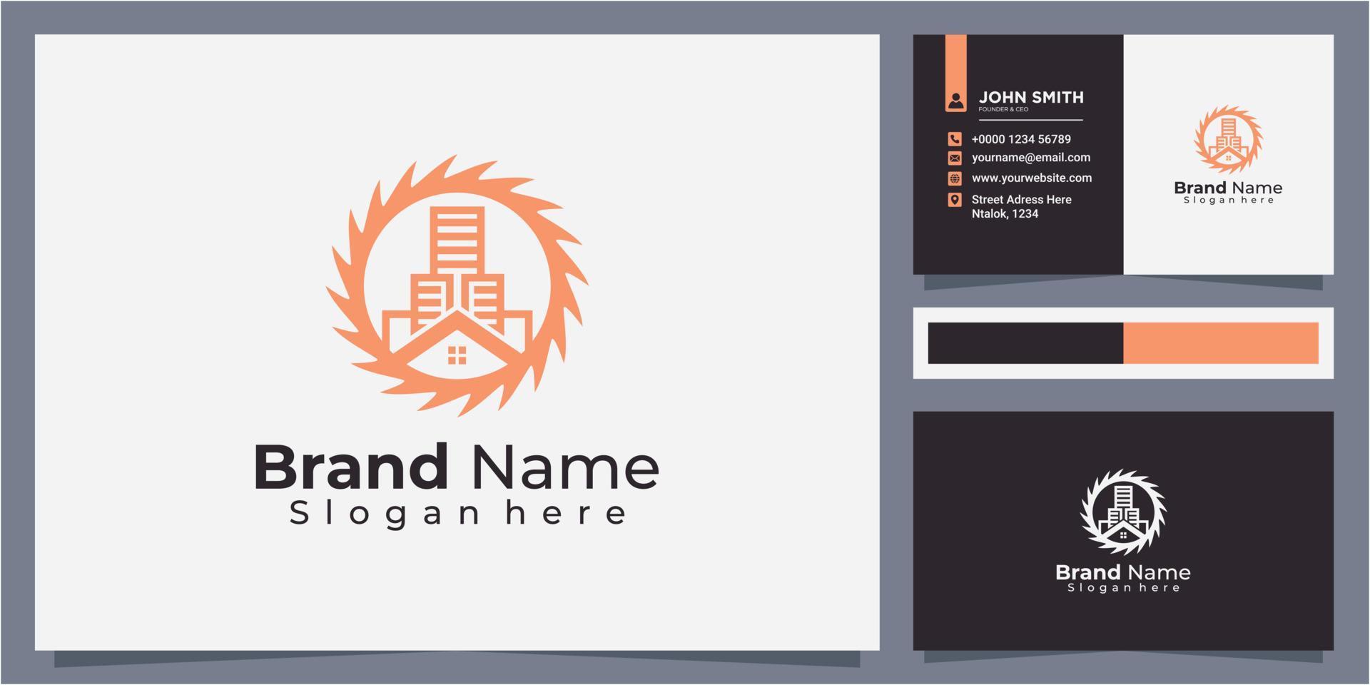 Creative building real estate combine with circle saw logo design vector with business card