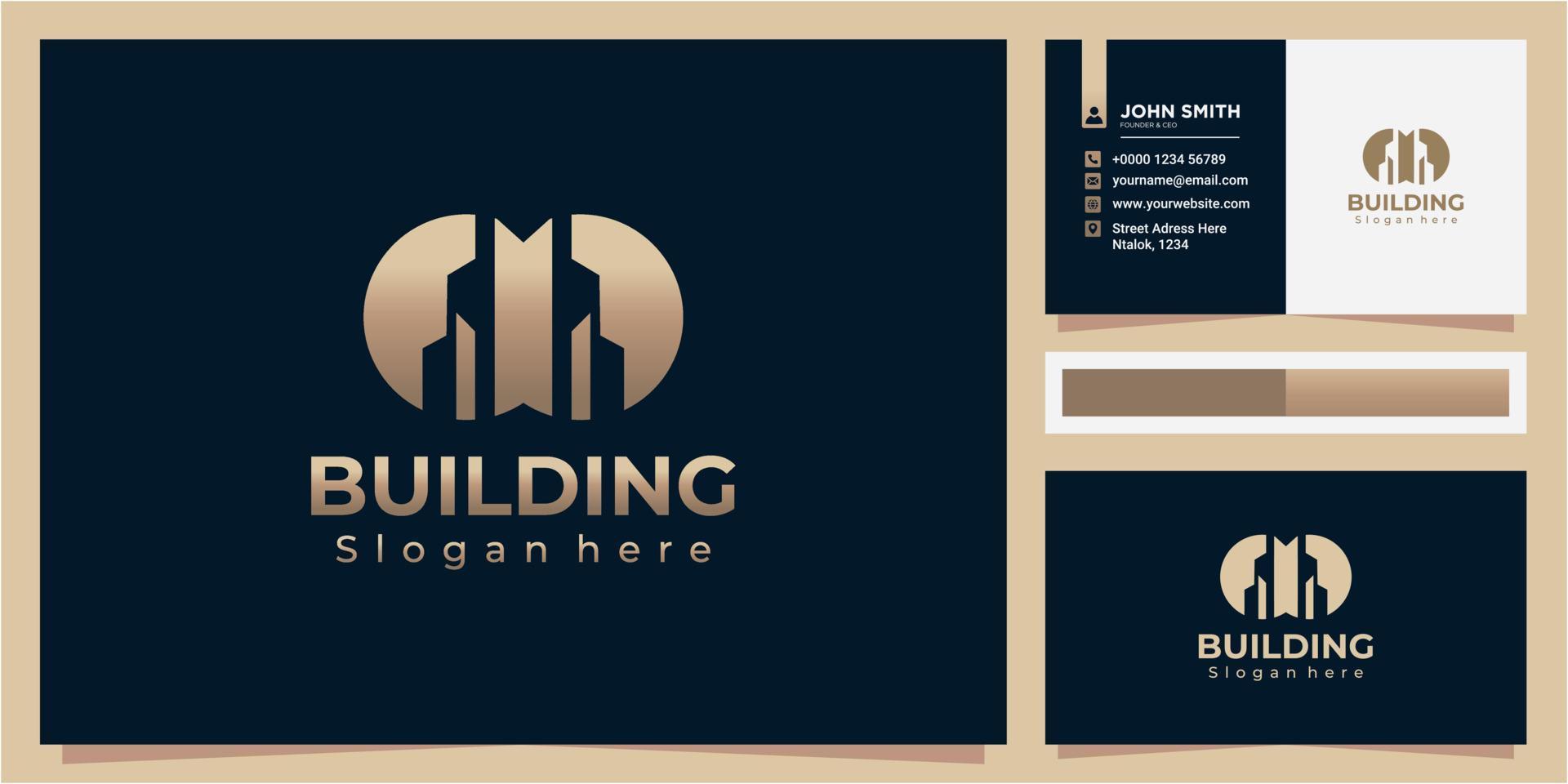Elegant building tower idea gold gradient color logo design icon with business card vector