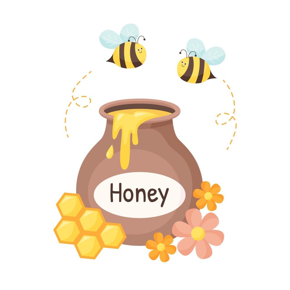 Honey pot with bees, flowers, and honeycomb. Isolated illustration for honey label, products, package design. Flat vector style.