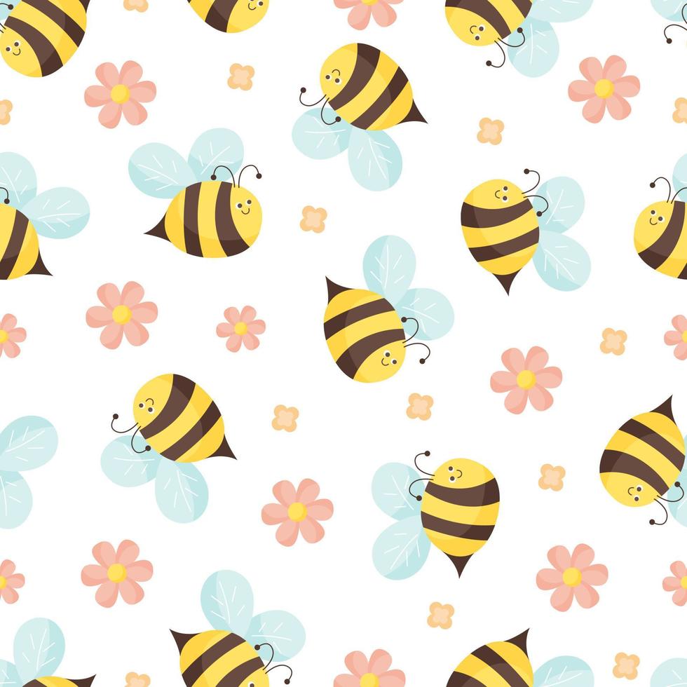 patrón impecable con abejas voladoras y flores en la ilustración de fondo blanco para fondo, impresión y textil. estilo de vector plano.