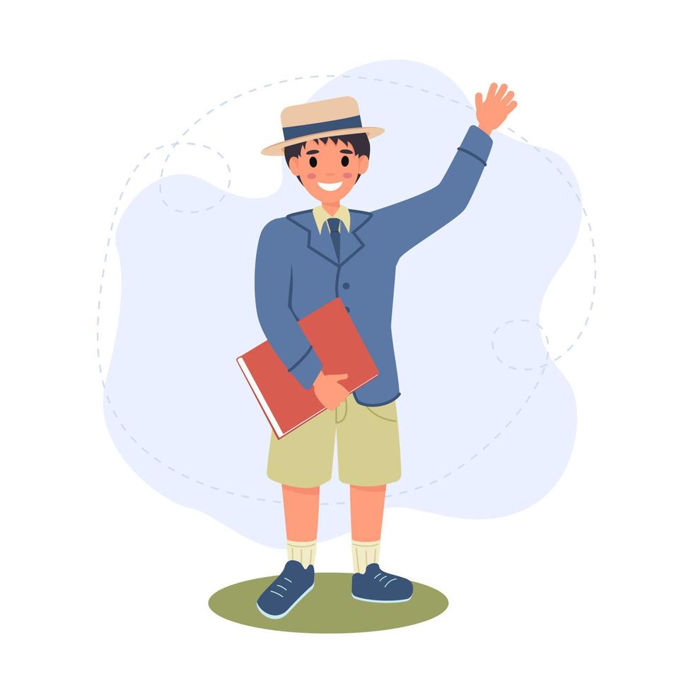 Smiling Cute schoolboy in school uniform with textbook happily waves his hand. Back to school. Knowledge day. Teachers Day. Education. Vector cartoon illustration in flat style