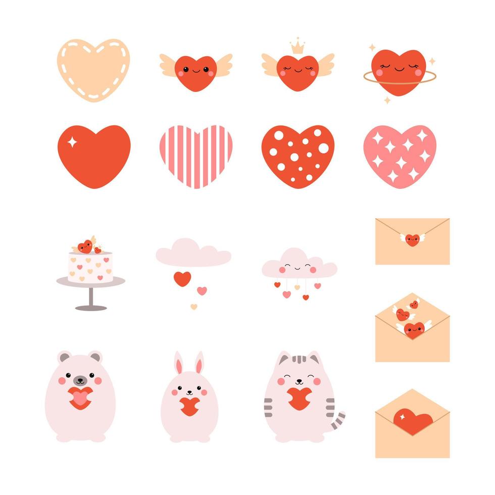 Cute romance set with hearts, letters and animal characters vector