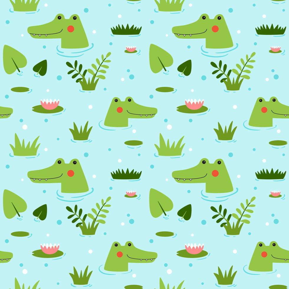 Friendly comic crocodiles swimming on seamless vector pattern