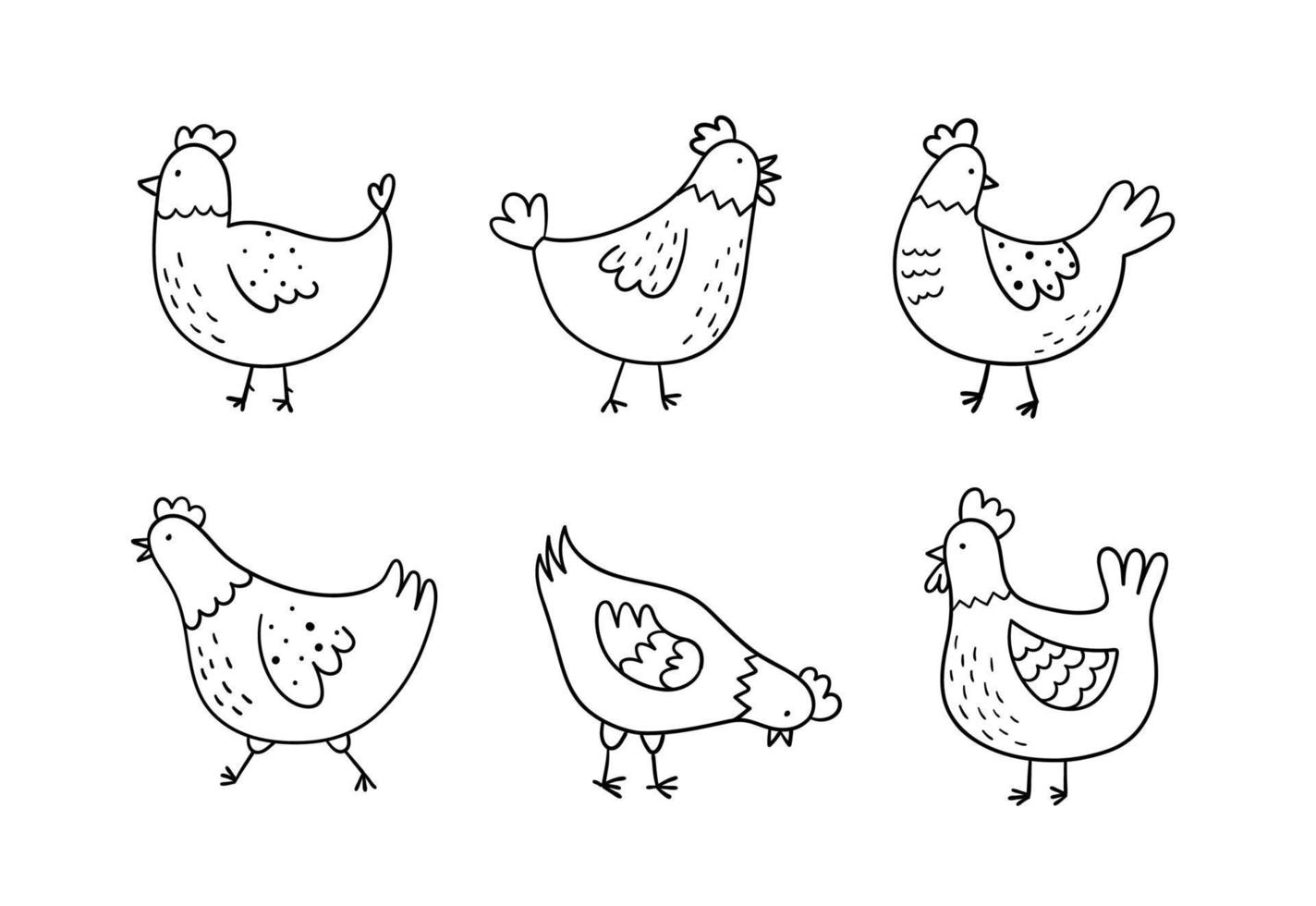 juego de pollos lindos dibujados a mano. estilo de dibujo de fideos. divertido concepto de aves domésticas, granjas y aves de corral. ilustración de vector lineal simple.