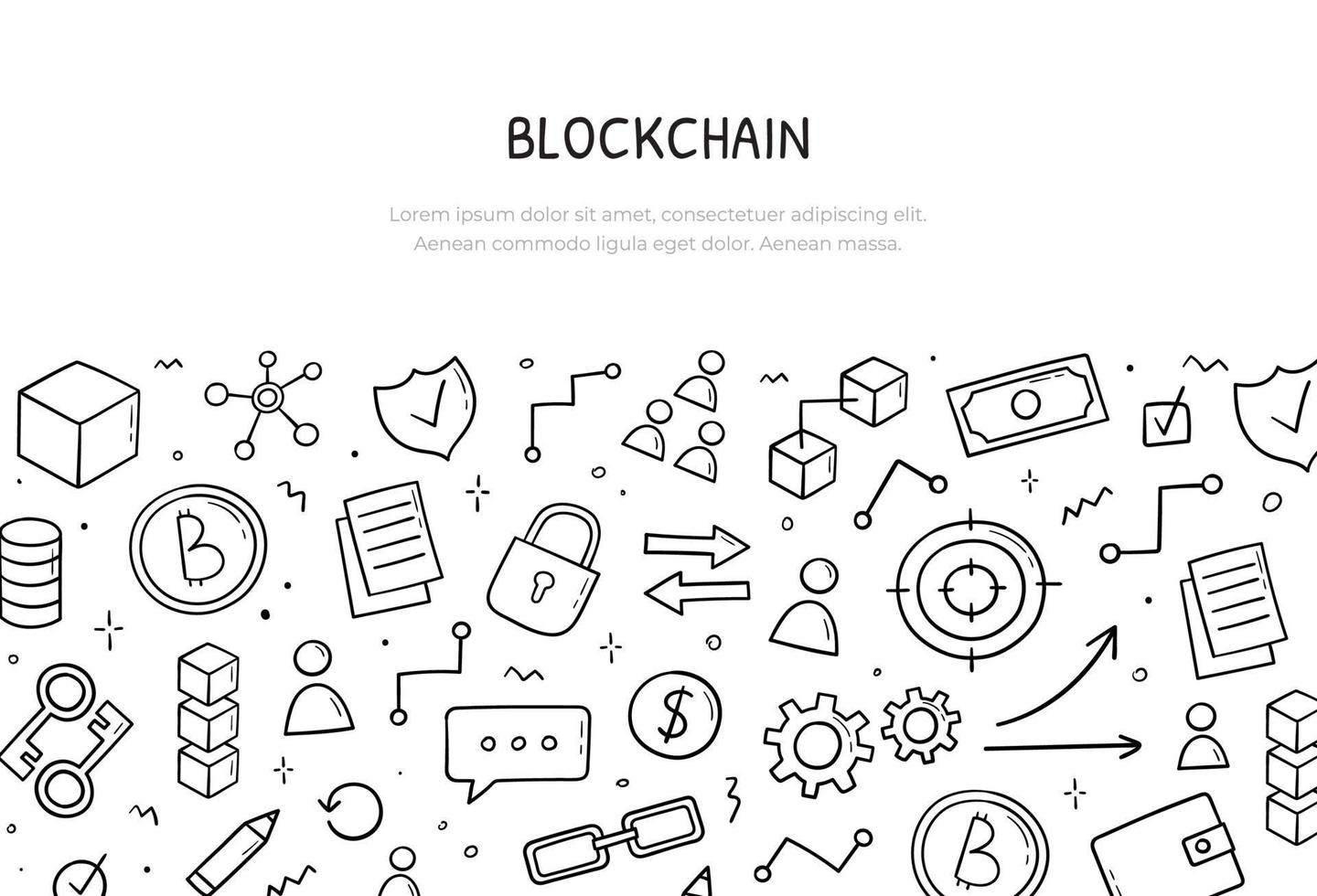 Hand drawn doodle set of blockchain theme items. Horizontal banner template. Cryptocurrency concept in sketch style. Vector electronic commerce illustration.