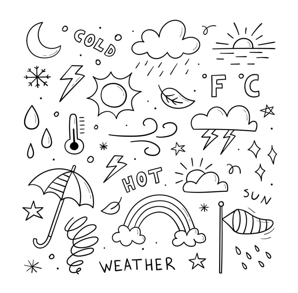 Set of weather icons. Hand drawn doodle illustration. Contains sign of the sun, clouds, snowflakes, wind, rain, moon, lightning and more isolated on white background. vector