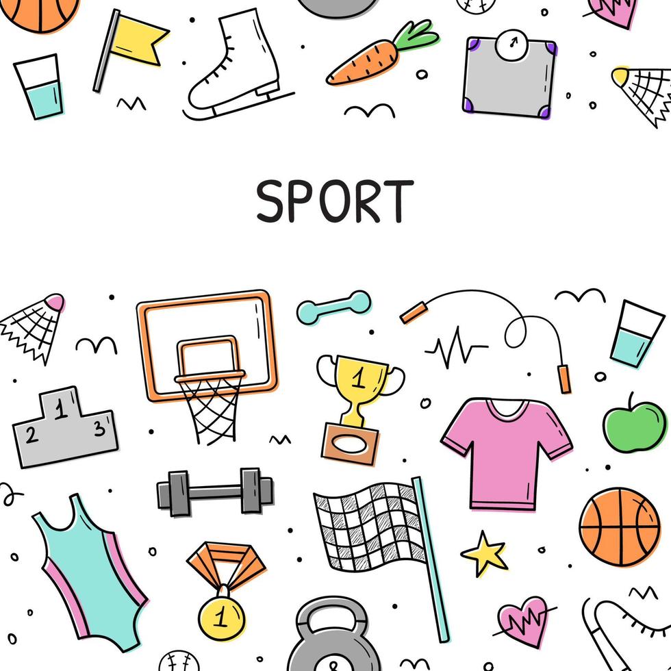 Hand drawn doodle set of Sports elements. Design template. Collection fitness objects and elements. Sketch style. Illustration for banner, frame, poster template. vector