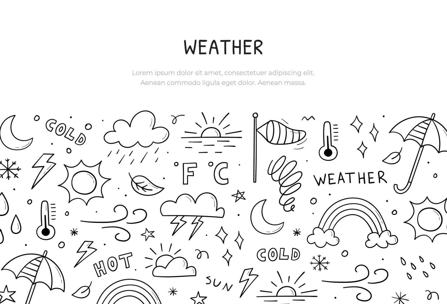 plantilla de banner dibujada a mano con objetos y elementos meteorológicos. ilustración en estilo de boceto de garabato. contiene signos del sol, nubes, copos de nieve, viento, lluvia, luna, relámpagos y más. vector