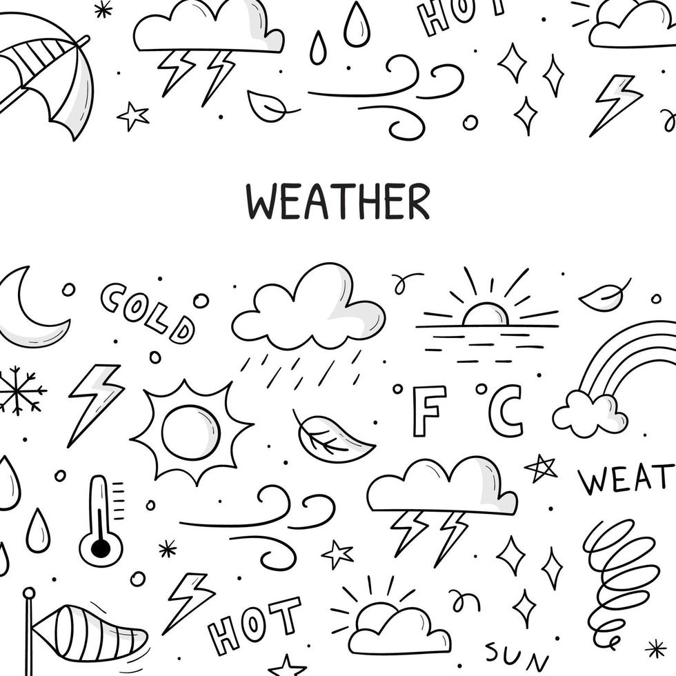 Hand drawn set of weather objects and elements. Illustration in doodle sketch style for banner, frame, poster design. vector