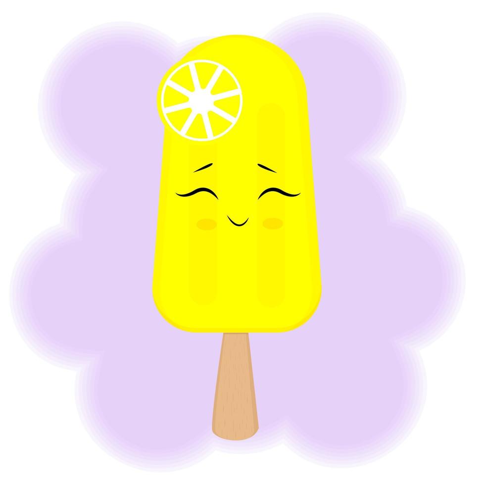 Bright yellow ice cream on a stick, kawaii character, smiling, Japanese style, print. Vector illustration