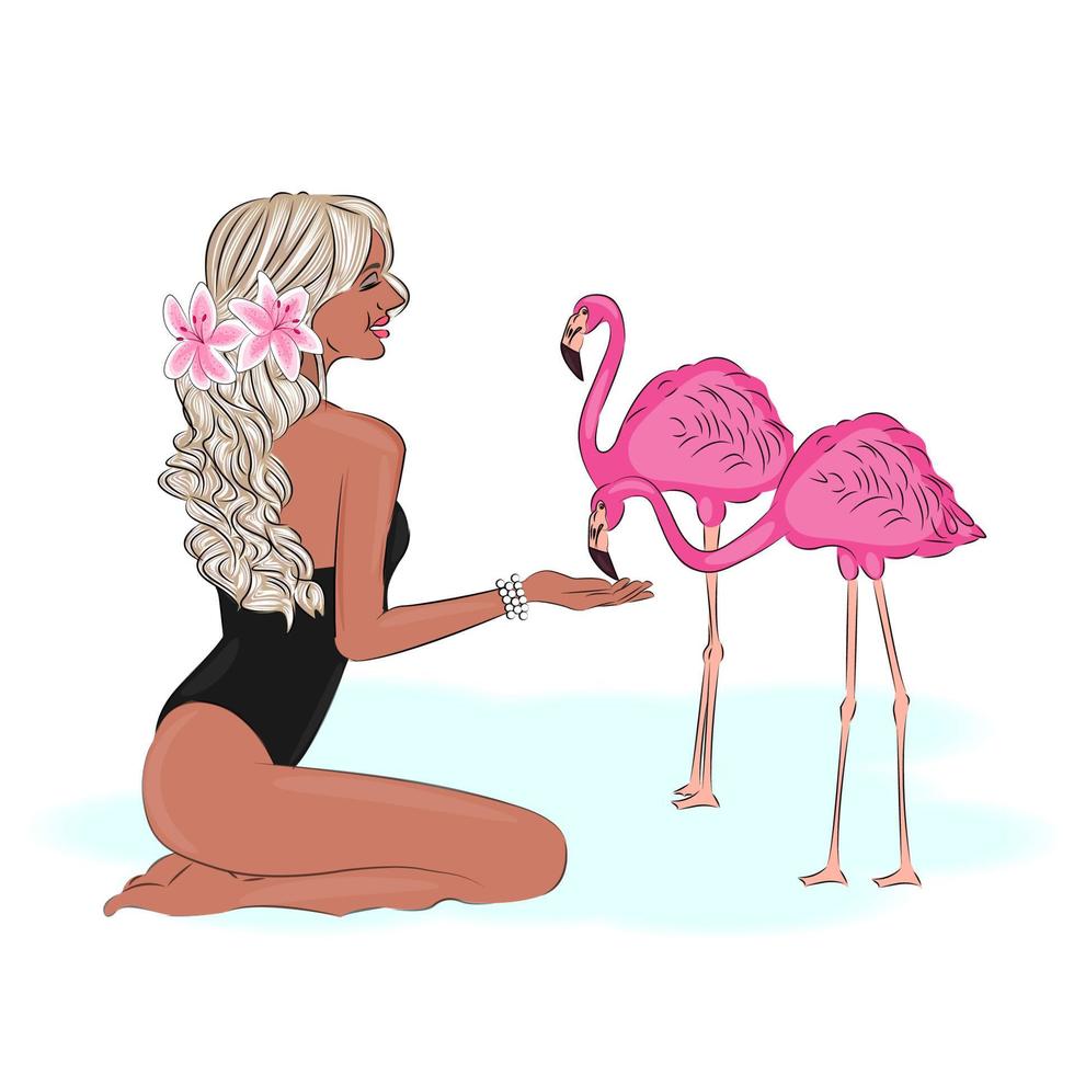 Beautiful young girl in a swimsuit feeds a pink flamingo, fashion summer illustration, textile print, postcard design, Vector illustration