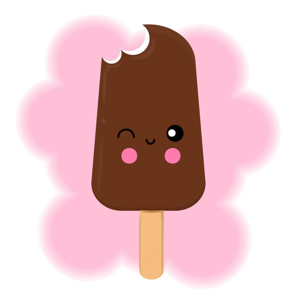helado de chocolate, estilo de dibujos animados kawaii, lindo estampado de paletas para textiles, pantalones t, empaque, personaje de cono de helado sonriendo, estampado para tarjetas en ilustración vectorial de fondo blanco vector