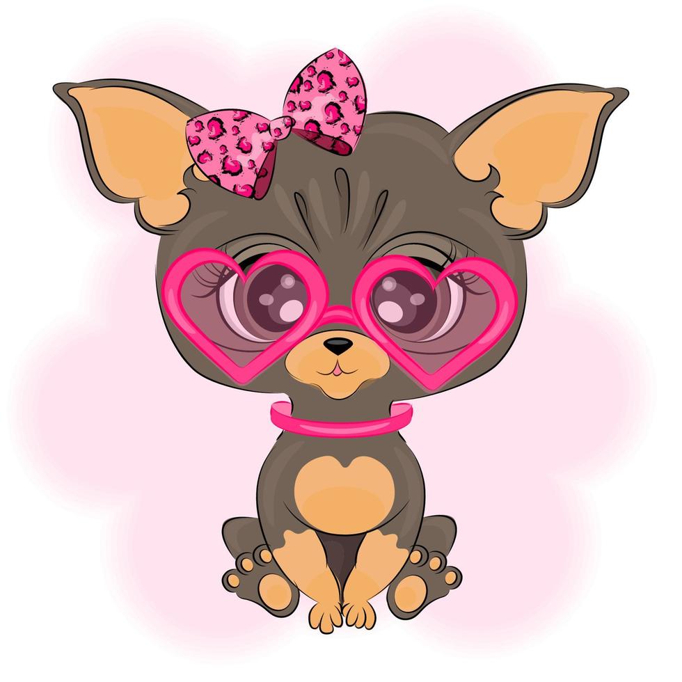 Cute little chihuahua dog stylish and fashionable wearing glasses and a bow vector