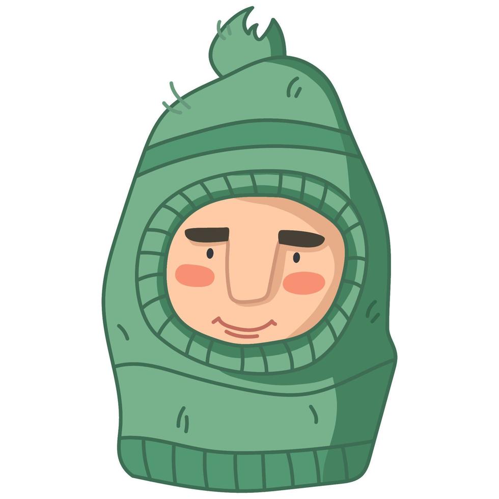 Cute cartoon man character in green tweed knitted balaclava hat vector